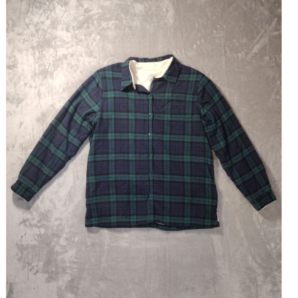 Green Blue Plaid White Sherpa Lined Flannel Men's Medium by LL Bean Button Up